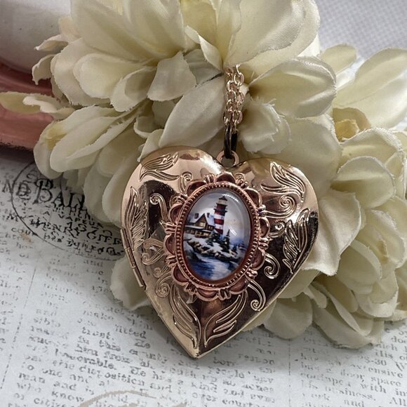 Beach Sailor Lighthouse Mom Wife Christmas Rose Gold Heart Locket Anniversary - Picture 5 of 13
